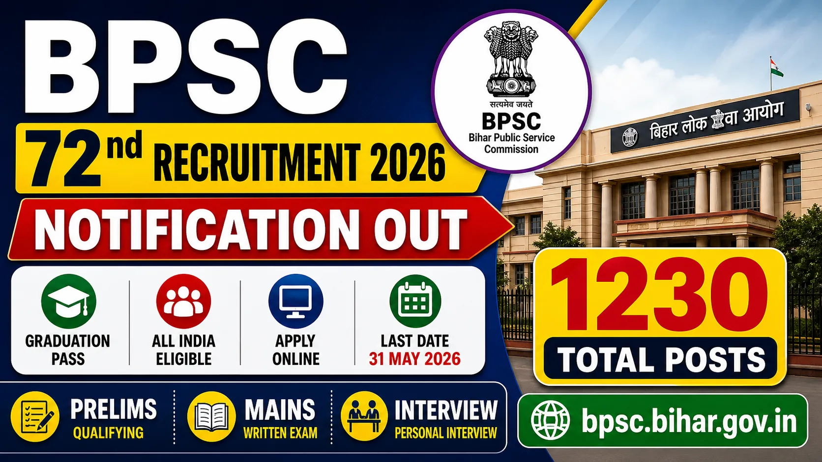 BPSC 72nd Recruitment 2026 Notification Out for 1230 Posts – Apply Online