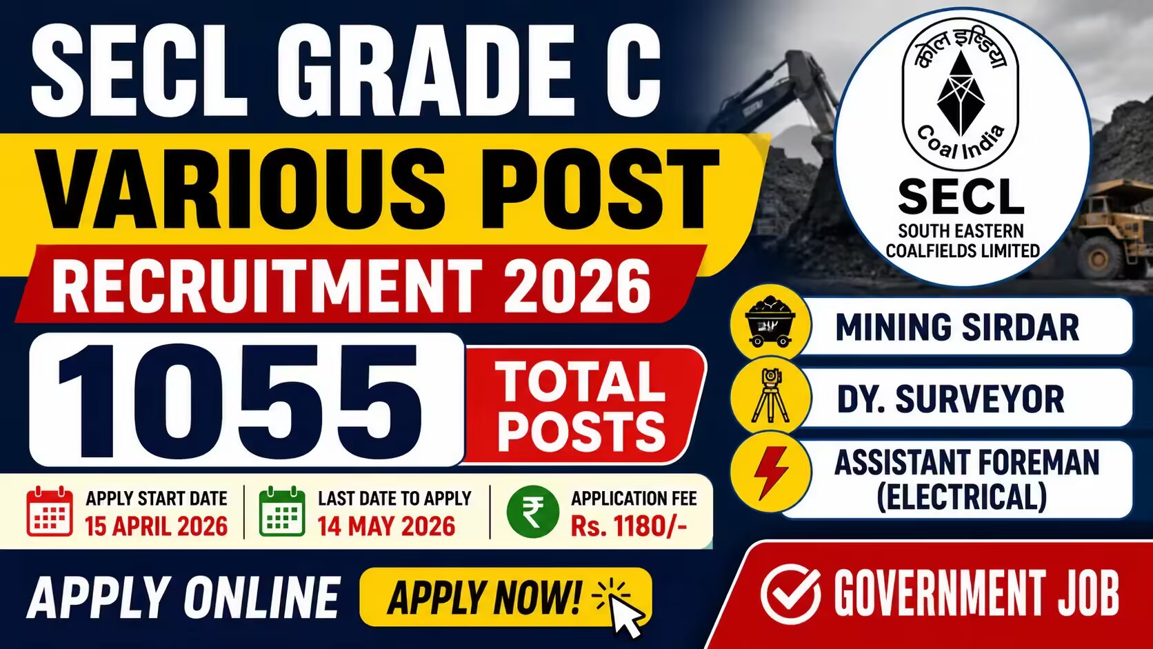 SECL Grade C Various Post Recruitment 2026: Apply Online for 1055 Mining Sirdar, Surveyor & Assistant Foreman Posts