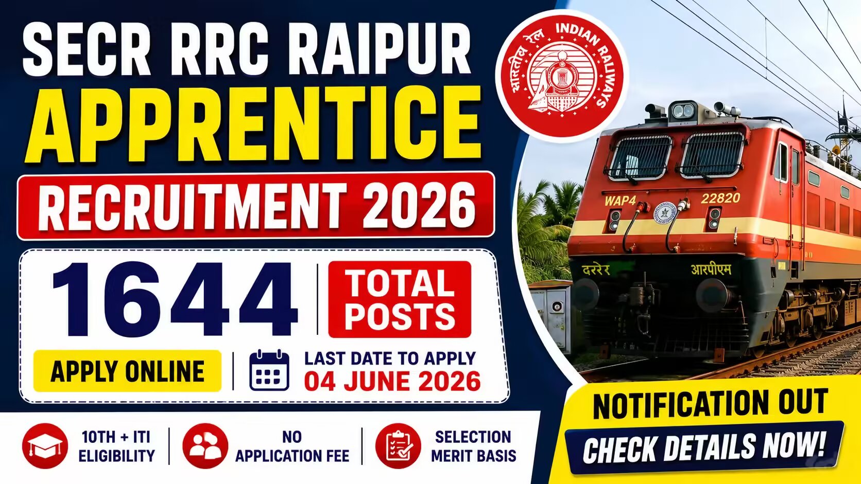 SECR RRC Raipur Apprentice Recruitment 2026: 1644 Posts Apply Online, Notification Out