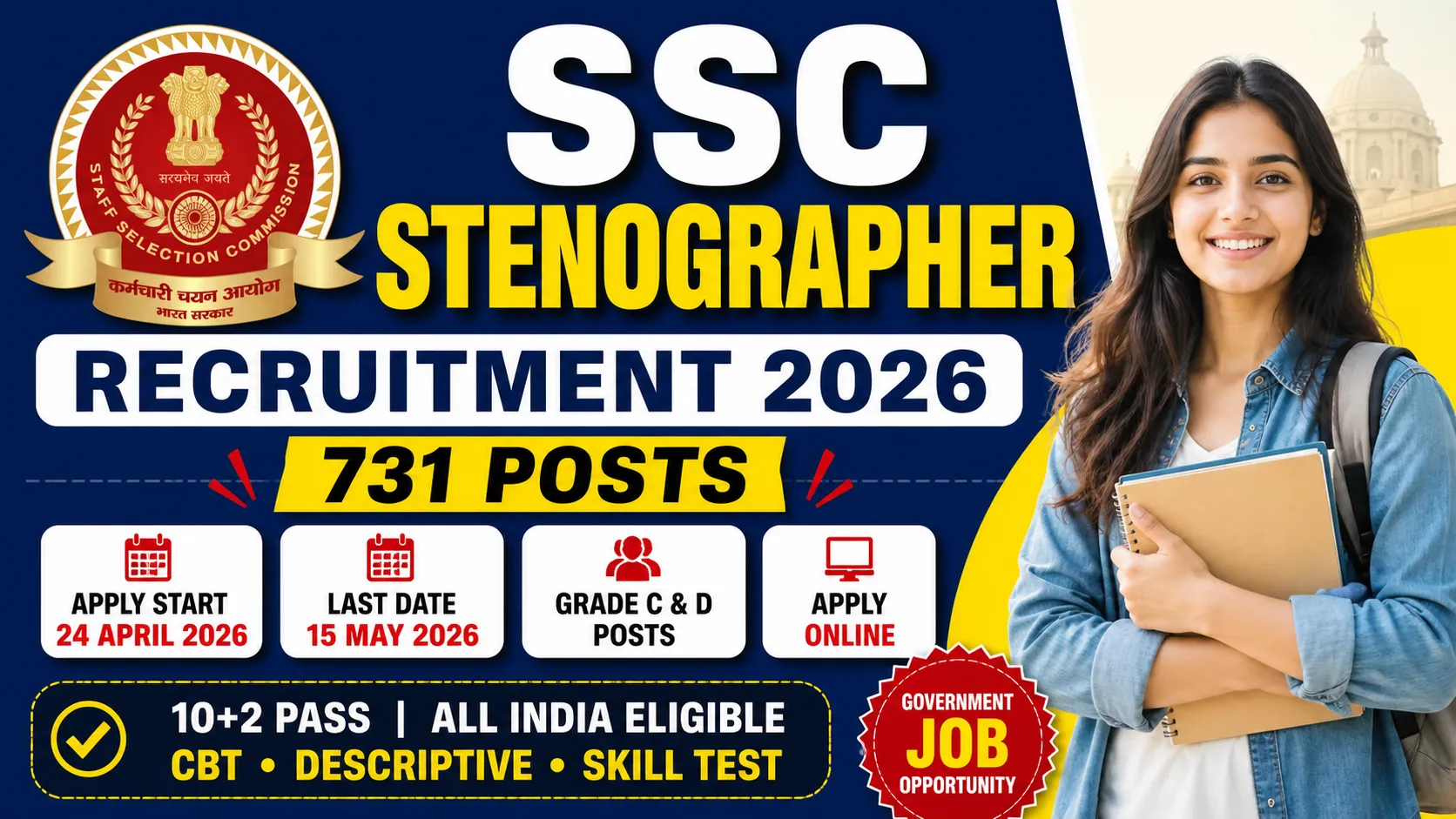 SSC Stenographer Recruitment 2026 – Apply Online for 731 Posts, Eligibility, Last Date