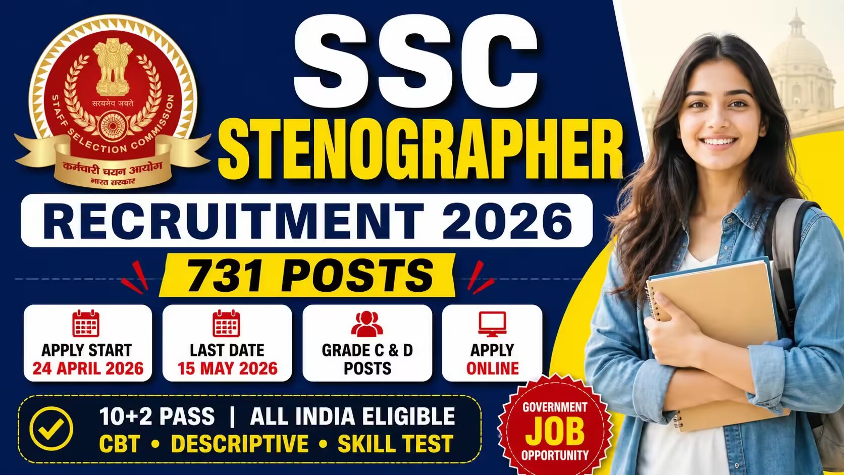 SSC Stenographer Recruitment 2026 – Apply Online for 731 Posts, Eligibility, Last Date
